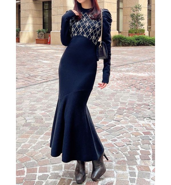 RESEXXY「チェックジャガードマーメイドニットワンピース」|ワンピース|ブラック