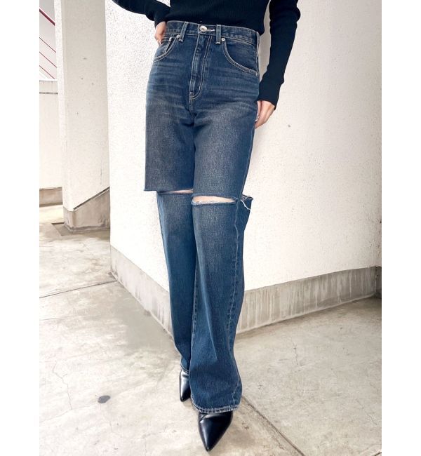 GYDA「ハイウエストfront and backダメージワイドデニムパンツ」|デニム|インディゴ