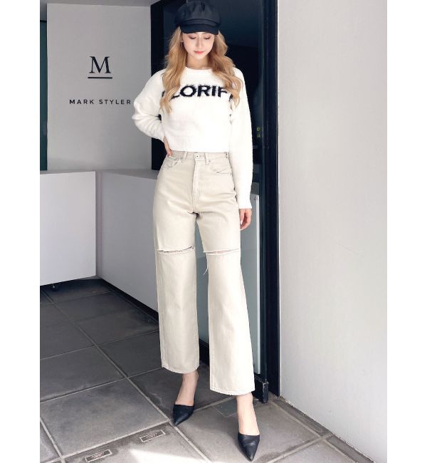 GYDA「ハイウエストfront and backダメージワイドデニムパンツ」|デニム|