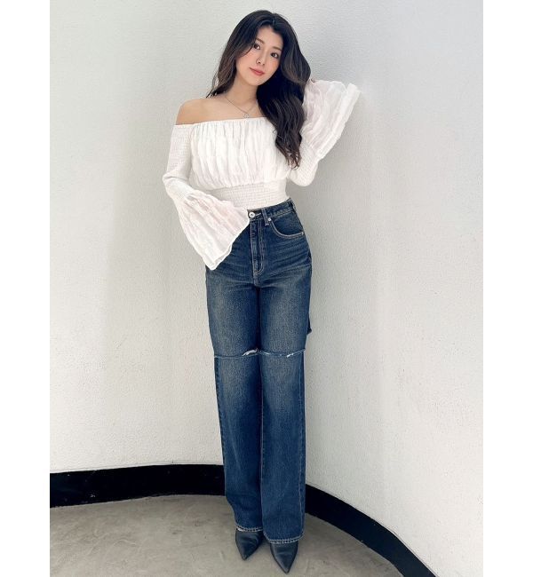 GYDA「ハイウエストfront and backダメージワイドデニムパンツ」|デニム|