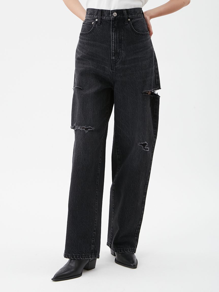 Mila Owen「カットアウトダメージセミワイドデニムパンツ」|デニム|BLK