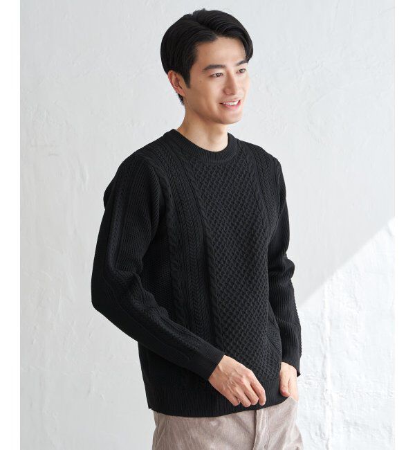 ikka「GOKUラクニットアランケーブル」|プルオーバー|ブラック