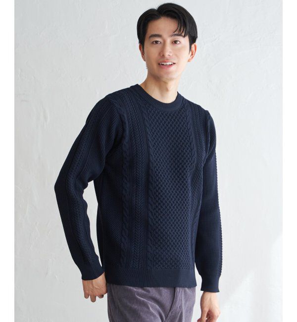 ikka「GOKUラクニットアランケーブル」|プルオーバー|ネイビーブルー