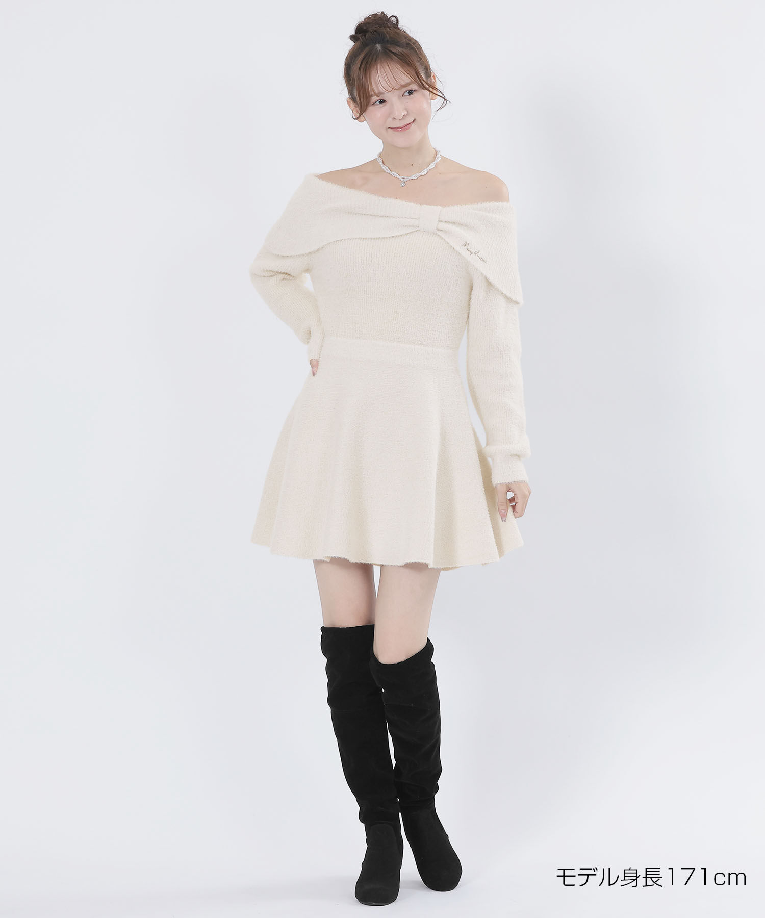 MARY QUANT「オフショルリボンニット ワンピース」|ワンピース|アイボリー