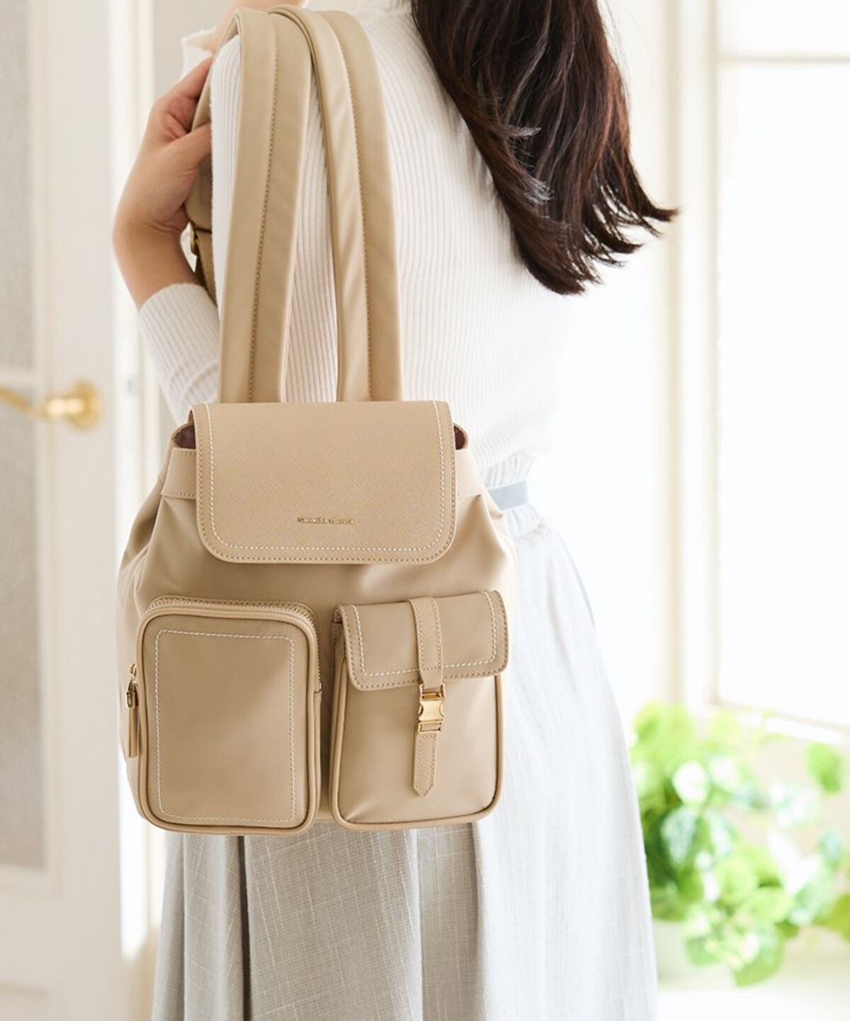 Samantha Thavasa「ナイロン&times;合皮 リュック」|リュック|ベージュ