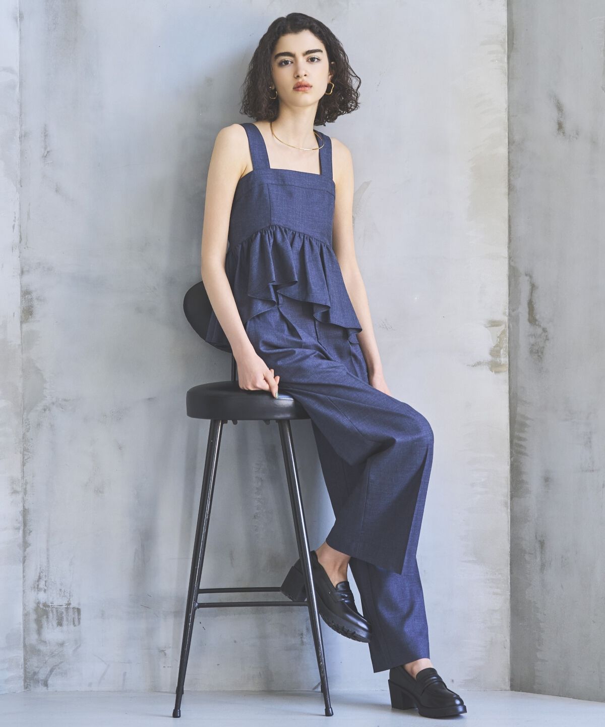 アンドクチュール「シャンブレーハイウエストワイドパンツ」|その他|ダークブルー