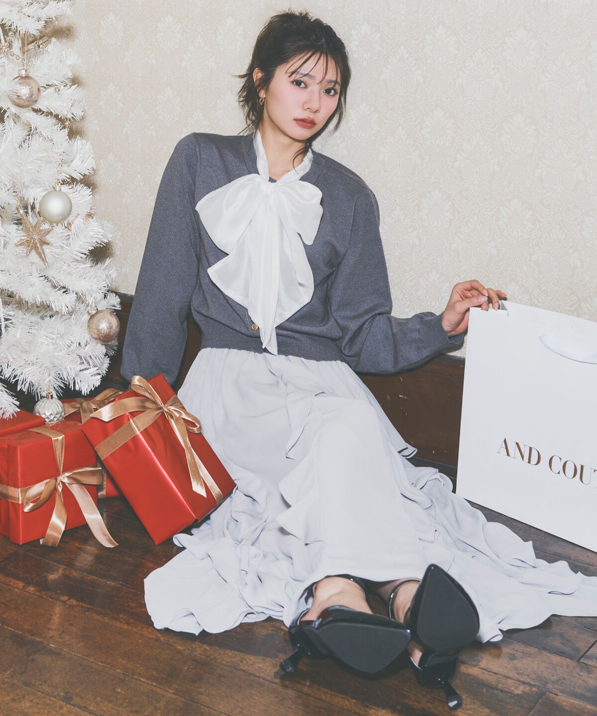 アンドクチュール「異素材リボンニットカーディガン」|カーディガン|