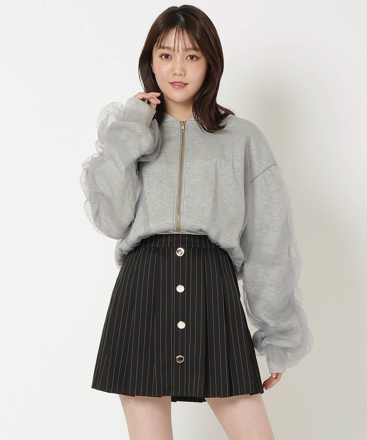 REDYAZEL「フロントボタンプリーツミニスカート」|台形|ブラック