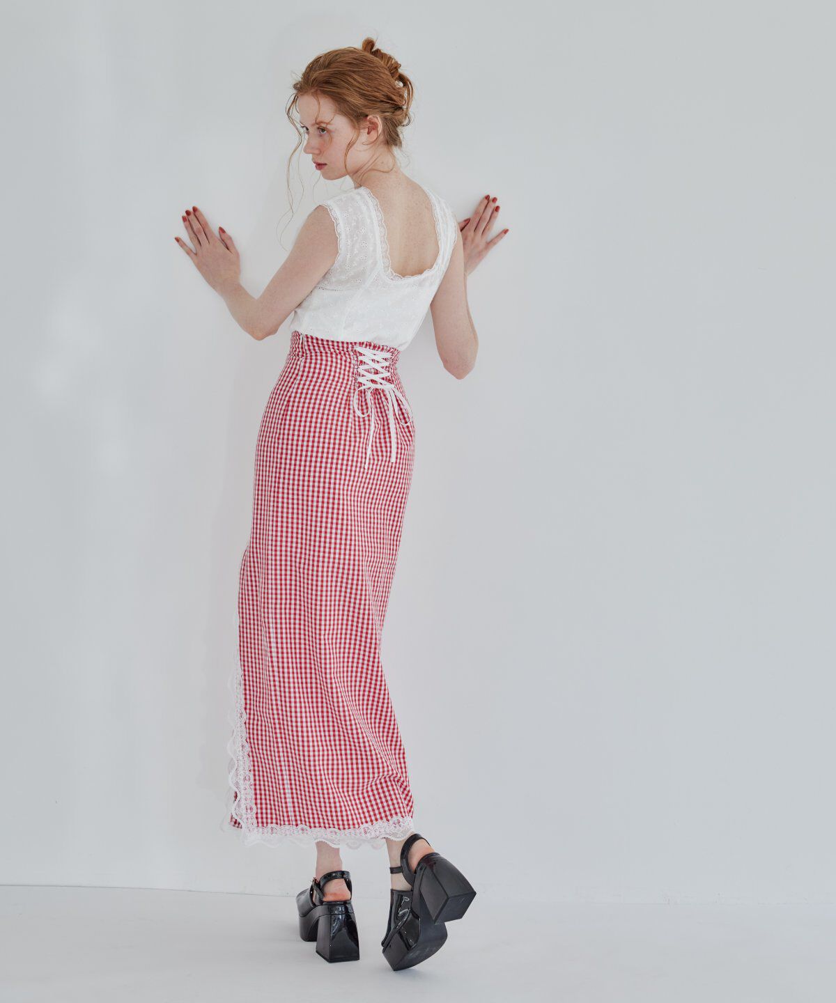 REDYAZEL「ギンガムチェックレーストリミングスカート」|タイト|