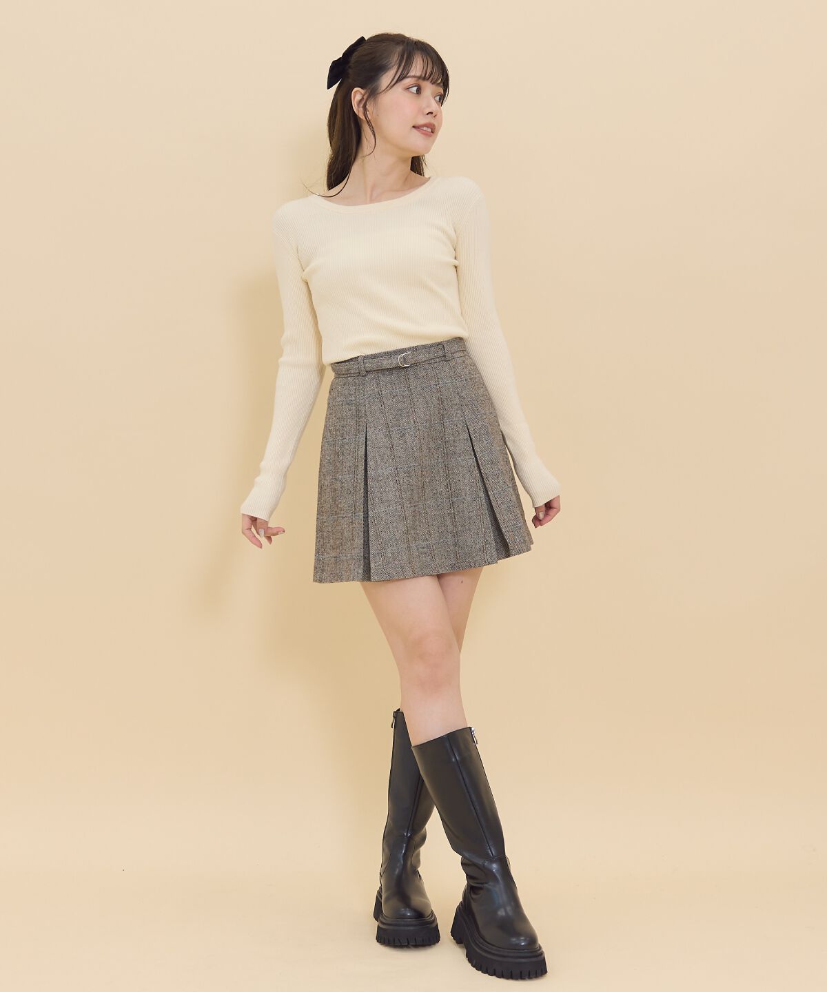 REDYAZEL「ヘリンボーンチェックタックミニスカート」|フレア|