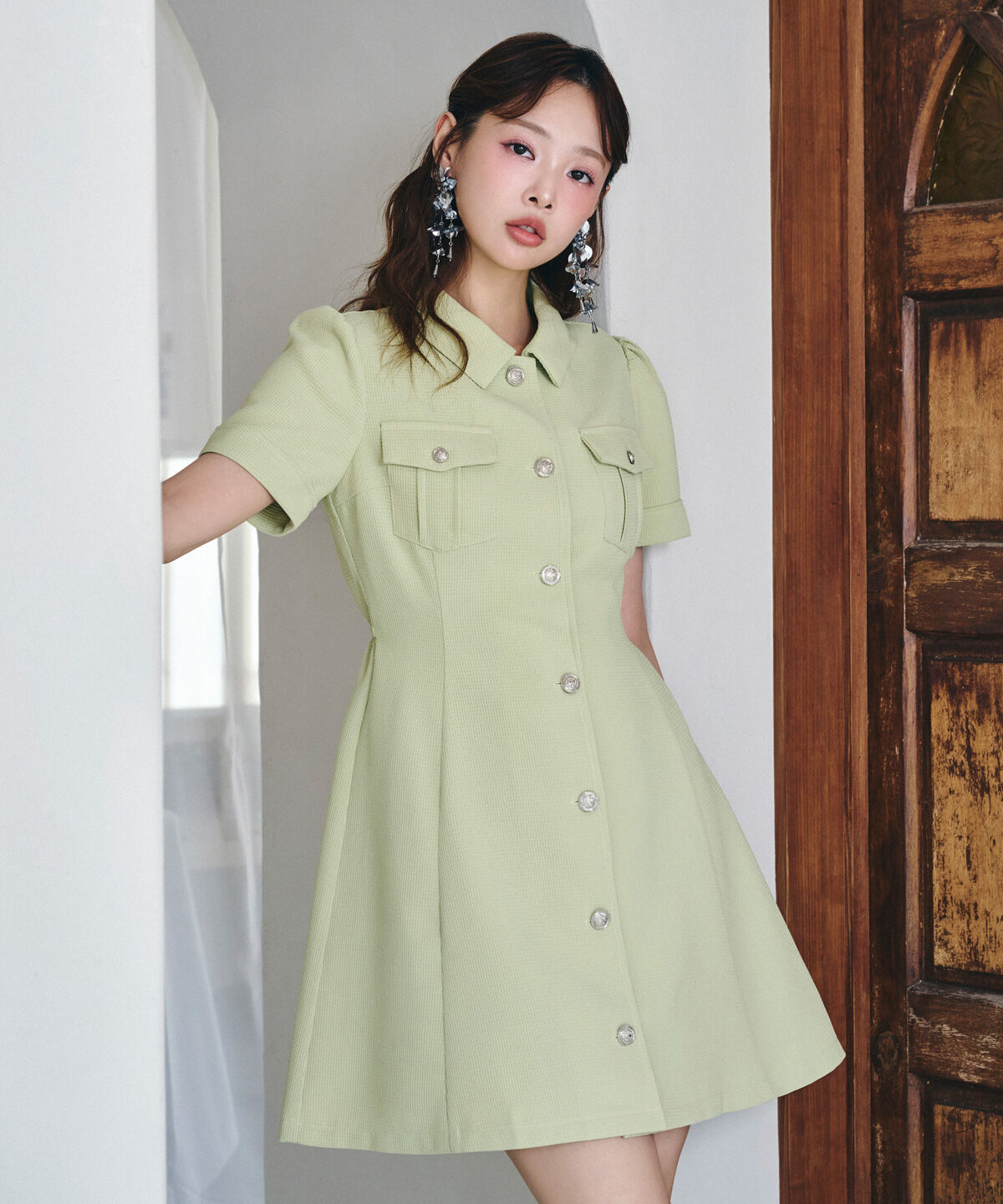 REDYAZEL「エンブレムボタンワッフルシャツワンピース」|ワンピース|ミント
