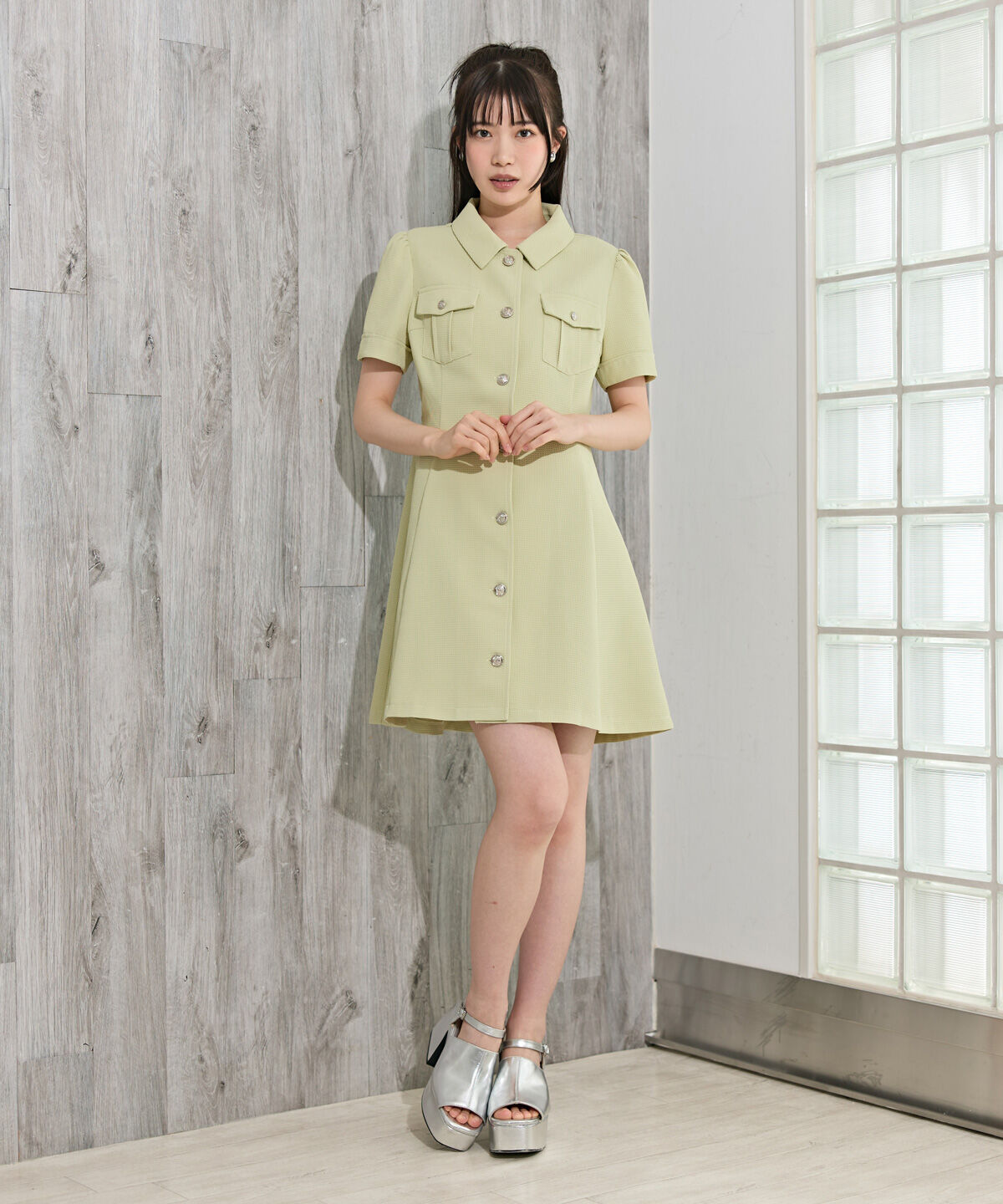 REDYAZEL「エンブレムボタンワッフルシャツワンピース」|ワンピース|