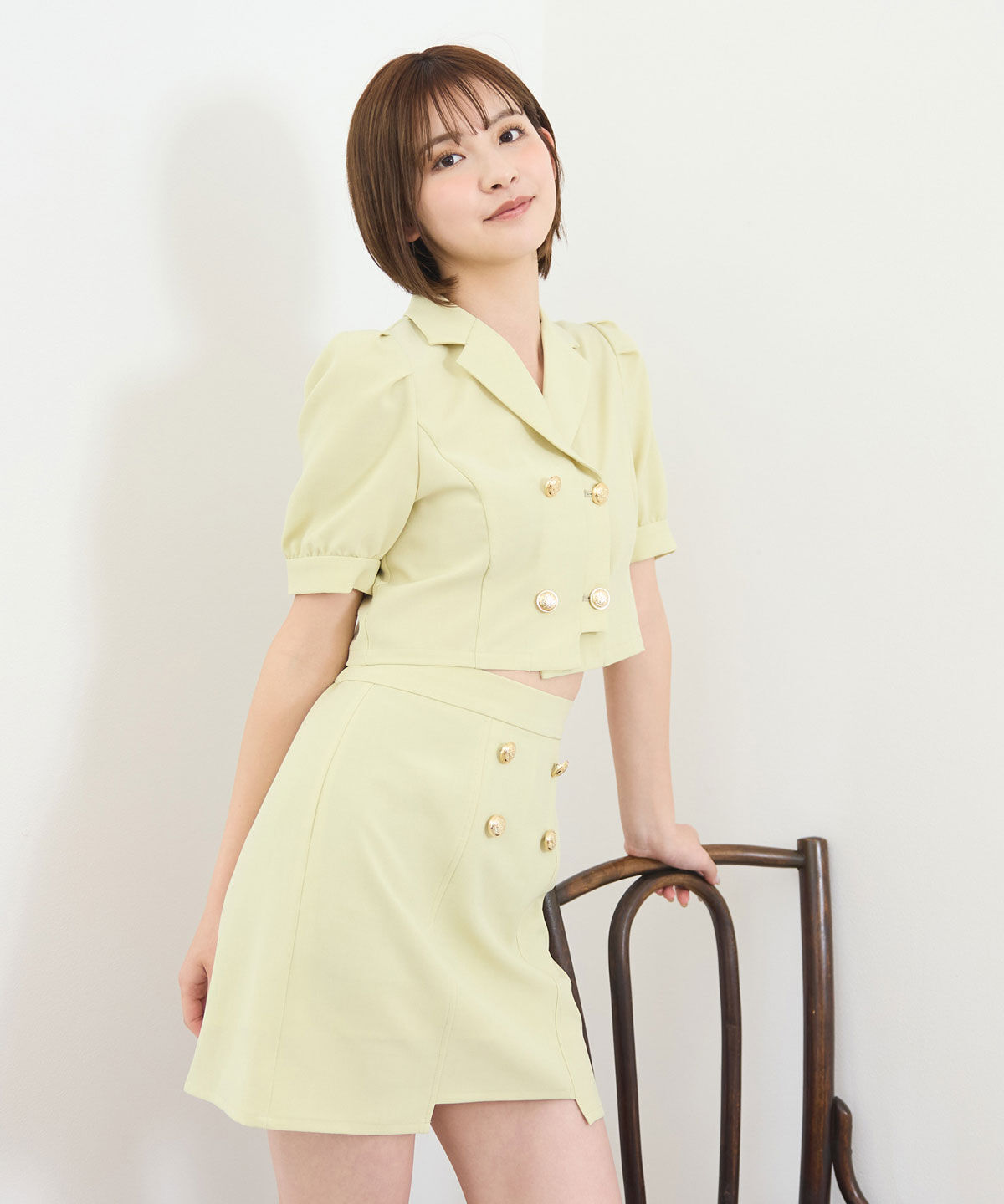 REDYAZEL「レイヤードダブルボタンミニスカート」|タイト|ミント