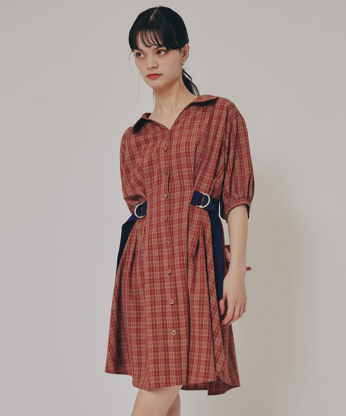REDYAZEL「チェックバイカラーウエストベルトシャツワンピース」|ワンピース|