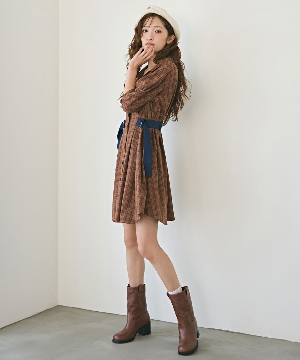 REDYAZEL「チェックバイカラーウエストベルトシャツワンピース」|ワンピース|