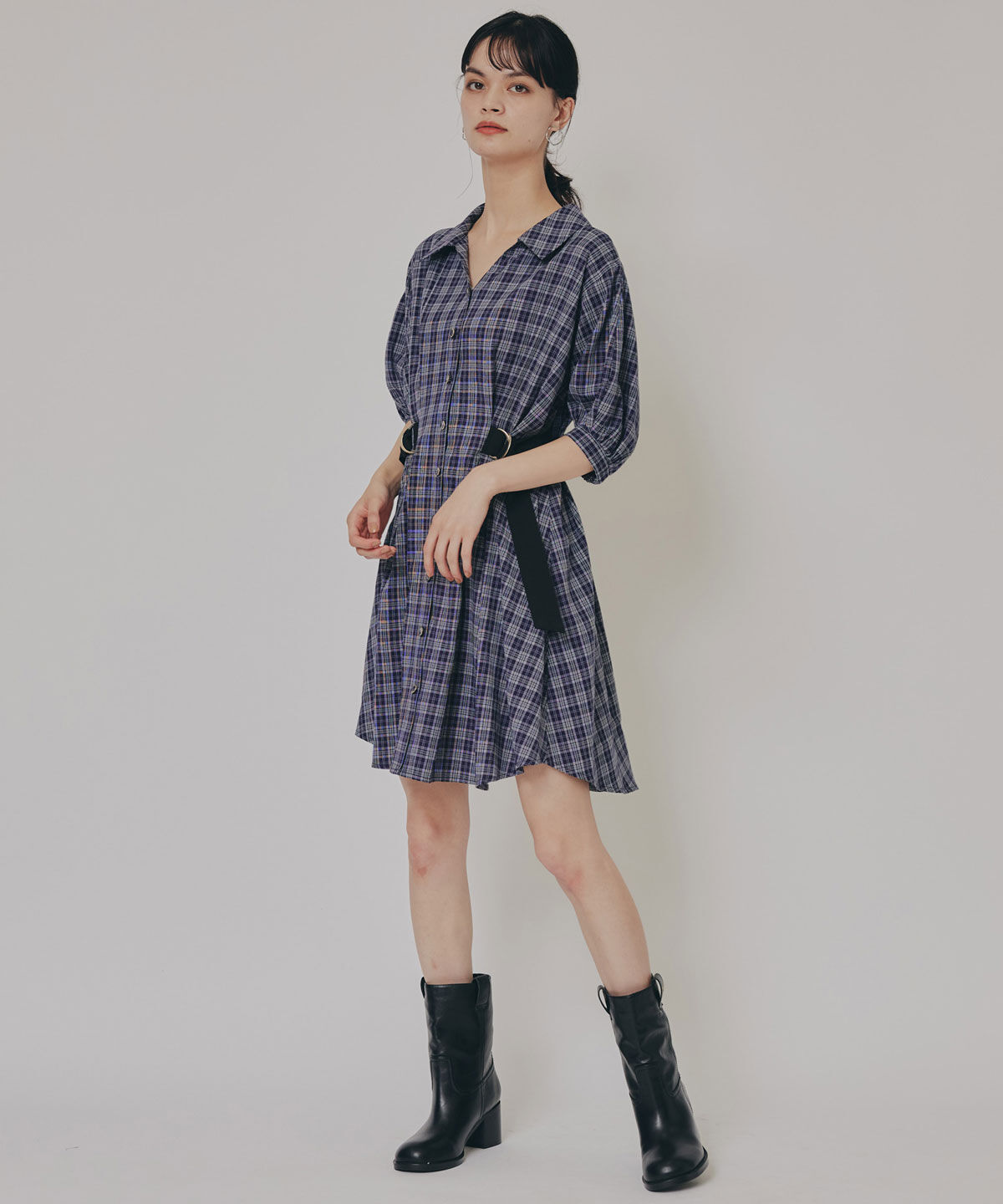 REDYAZEL「チェックバイカラーウエストベルトシャツワンピース」|ワンピース|