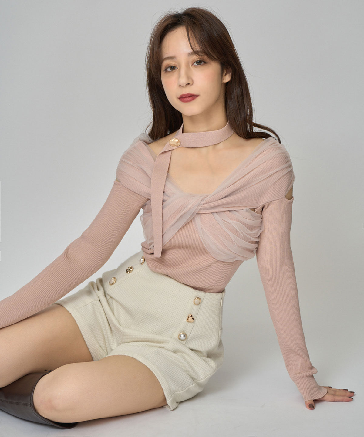 REDYAZEL「チョーカークロスチュールニットトップス」|ニット・セーター|