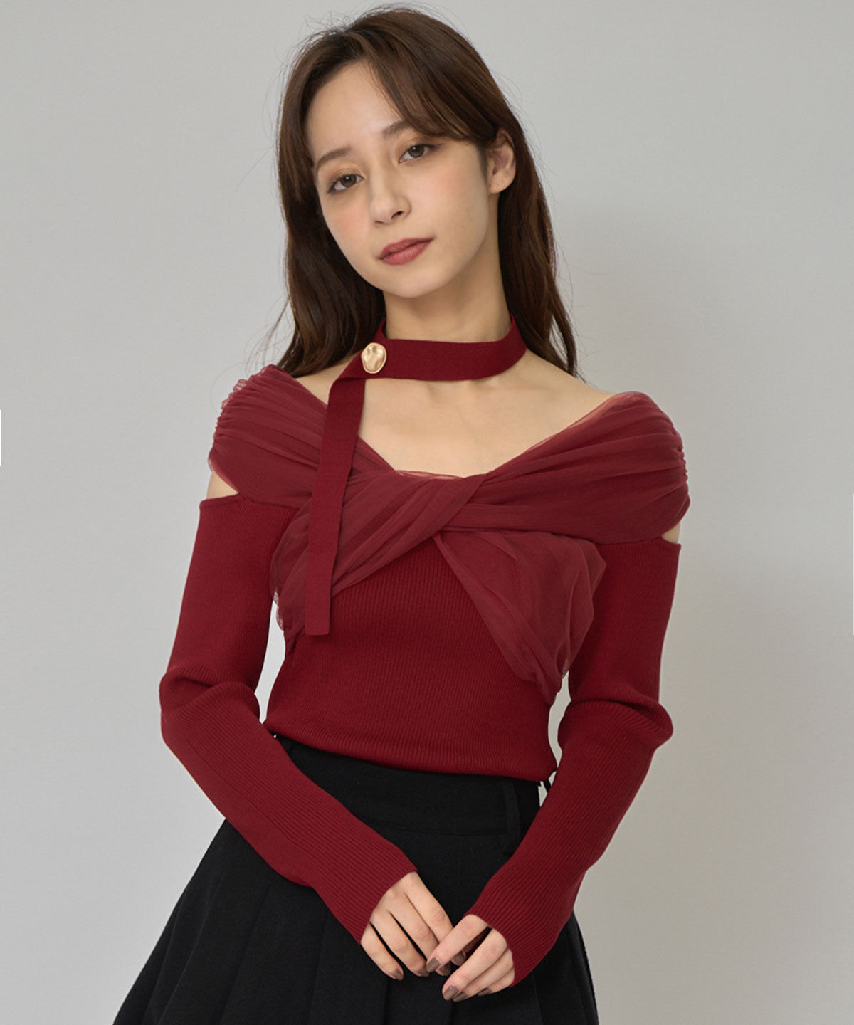 REDYAZEL「チョーカークロスチュールニットトップス」|ニット・セーター|ボルドー