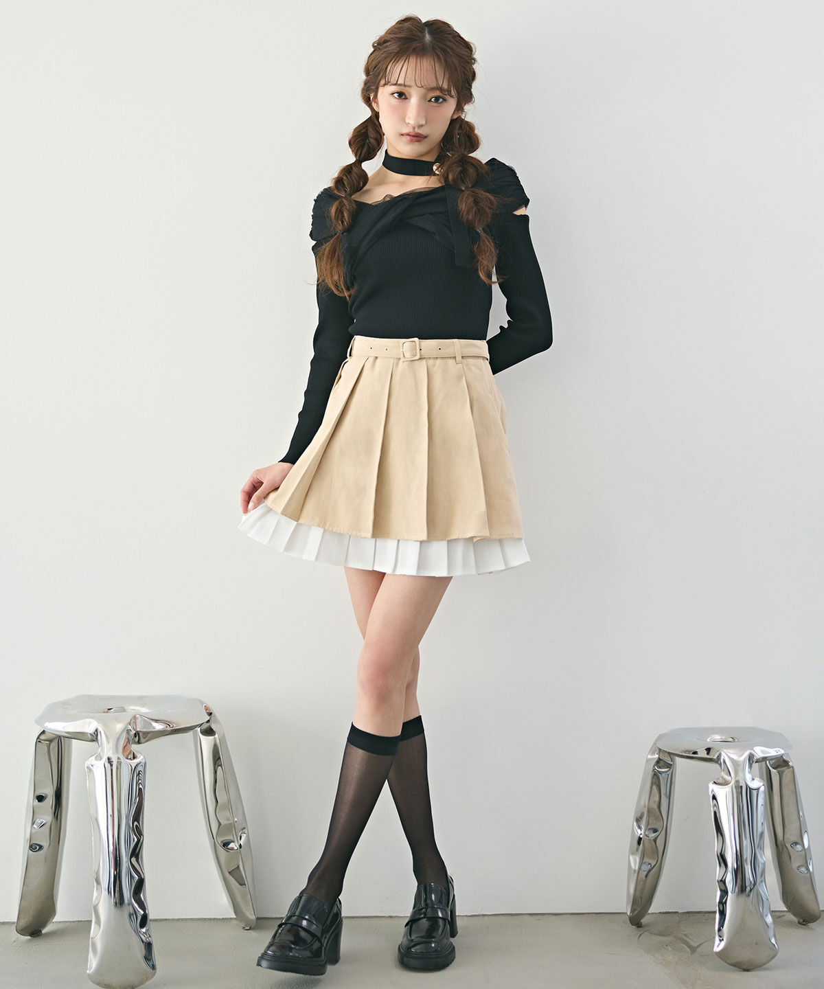 REDYAZEL「チョーカークロスチュールニットトップス」|ニット・セーター|