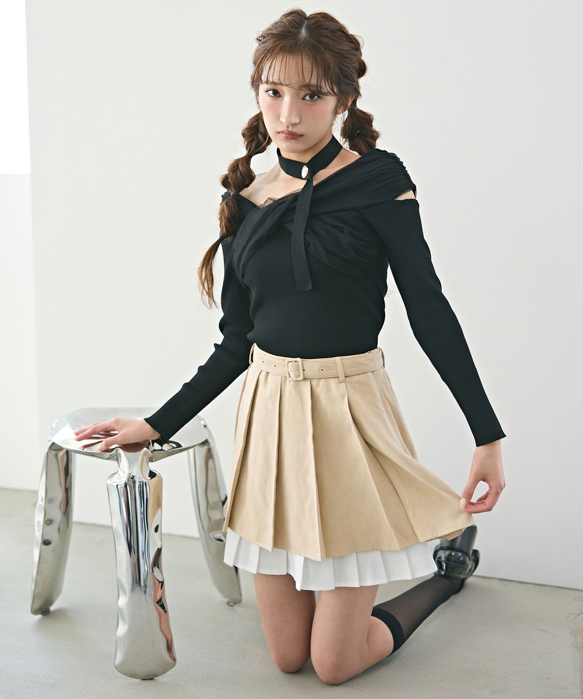 REDYAZEL「チョーカークロスチュールニットトップス」|ニット・セーター|