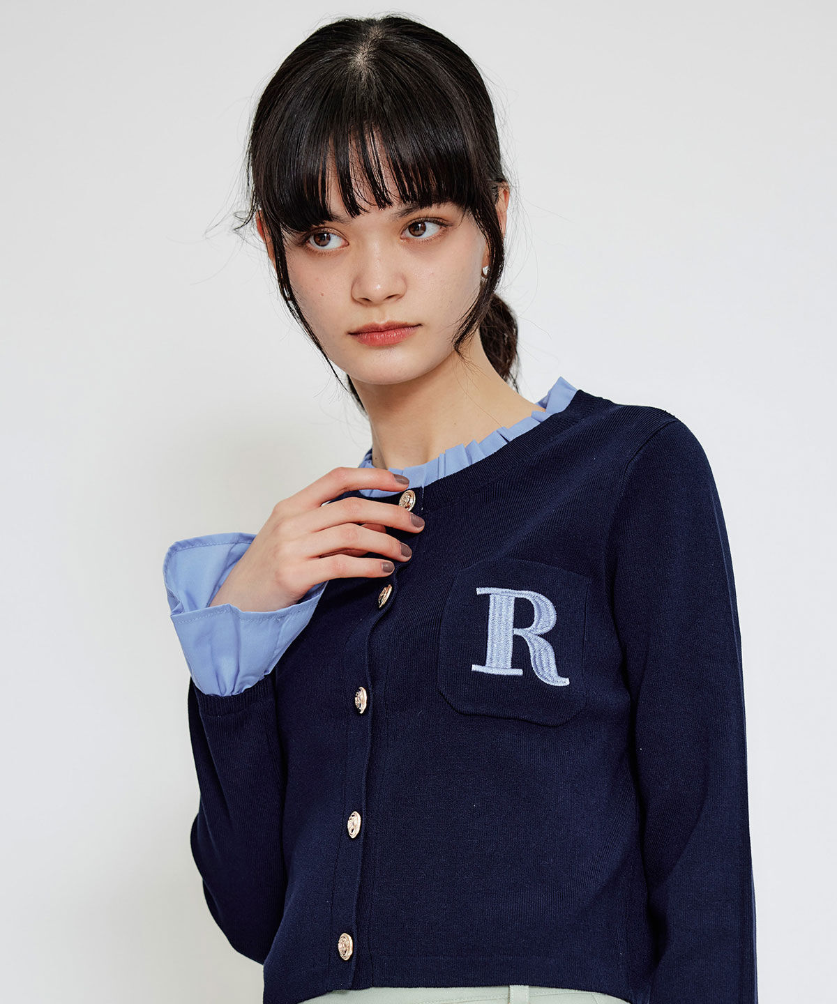 REDYAZEL「Rフリルレイヤードニットカーディガン」|カーディガン|ネイビー