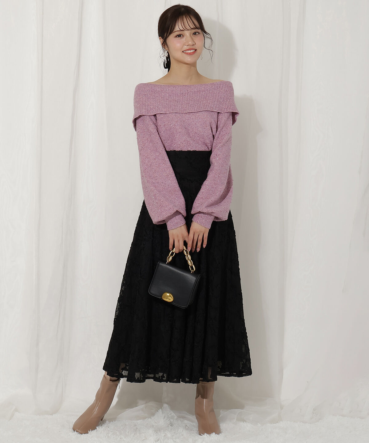 WILLSELECTION「起毛フラワーレーススカート」|フレア|ブラック