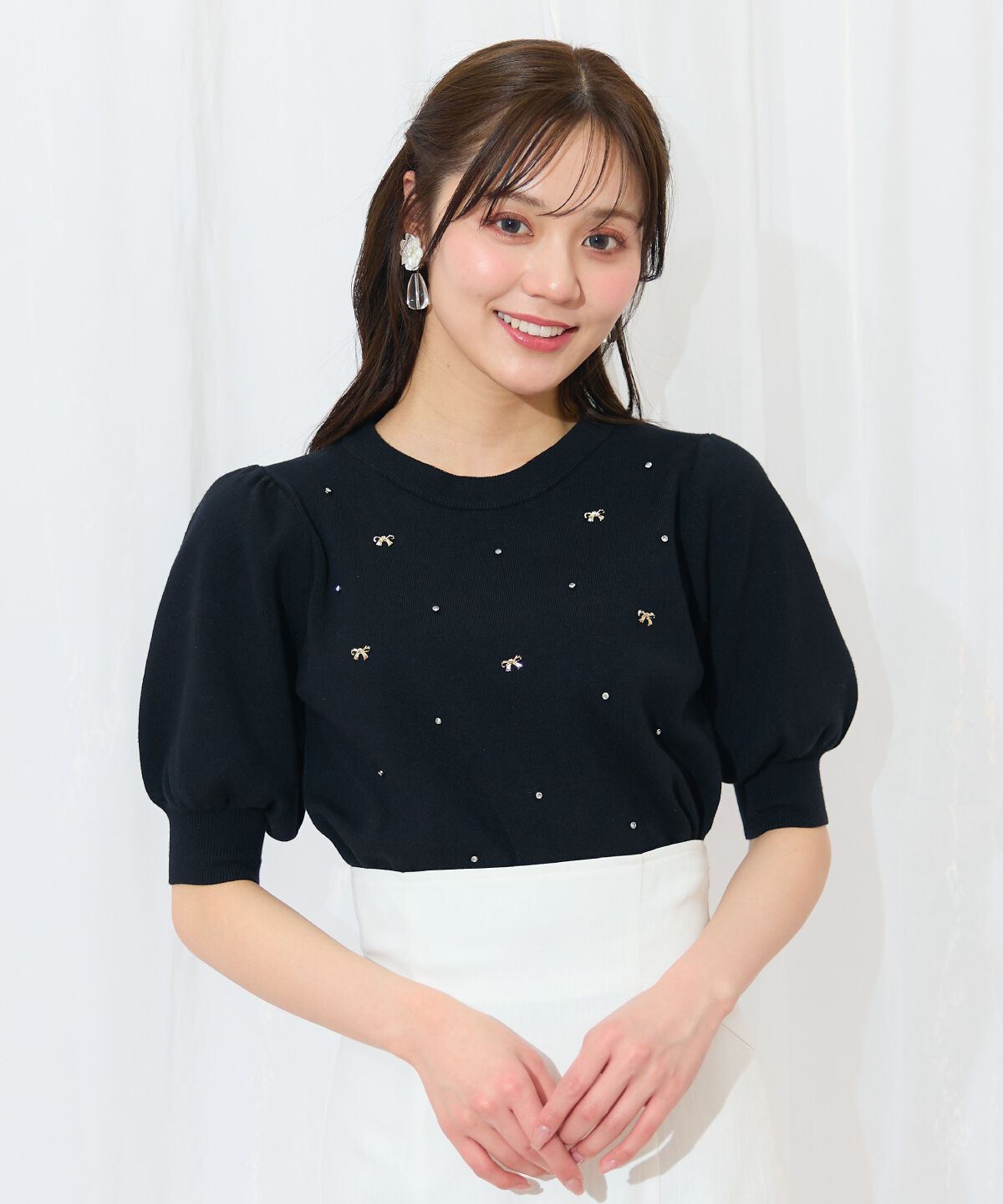 WILLSELECTION「ビジュー＆リボンパーツニットプルオーバー」|ニット・セーター|ブラック