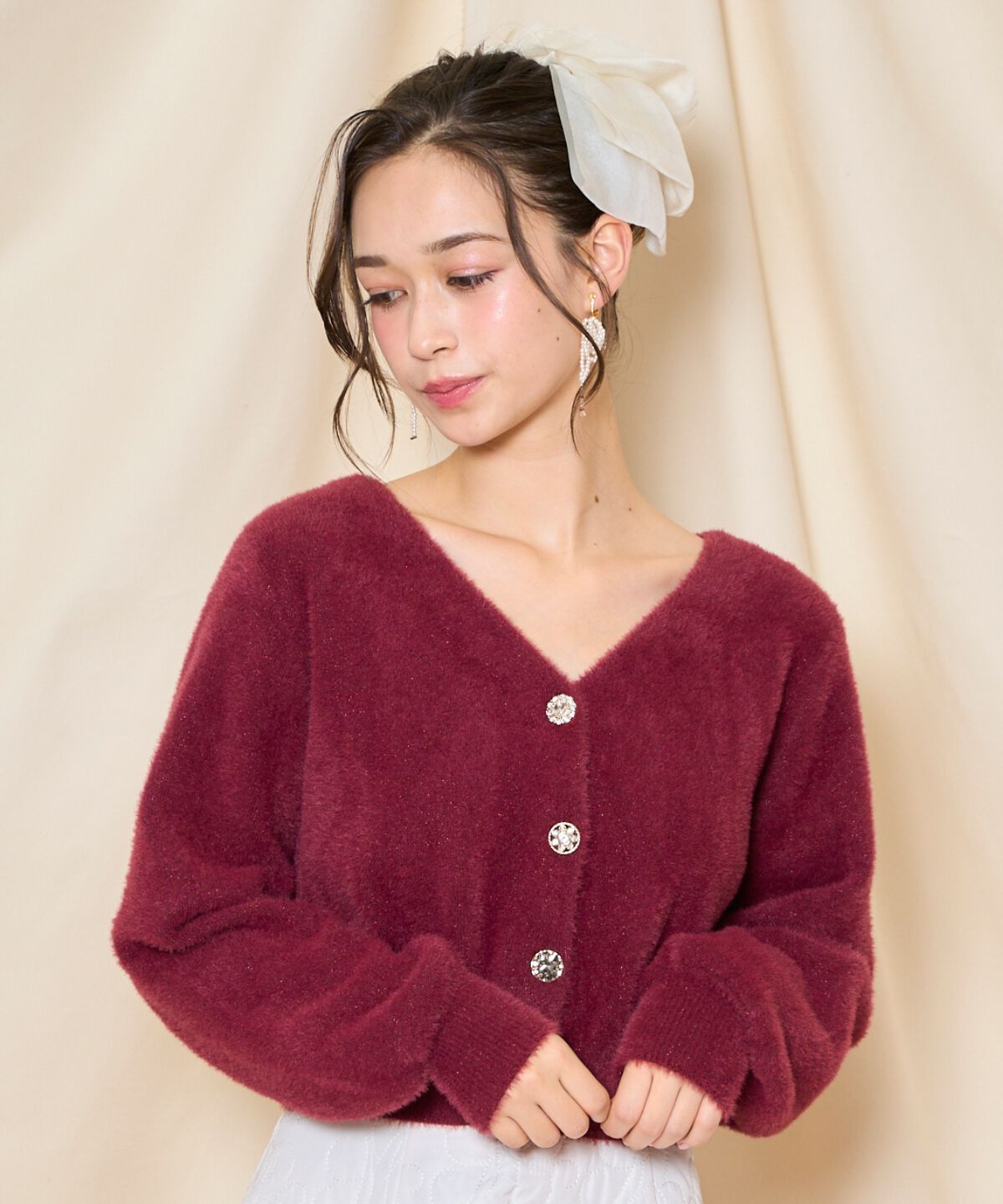 WILLSELECTION「アソートボタンラメフェザーカーディガン」|カーディガン|ボルドー