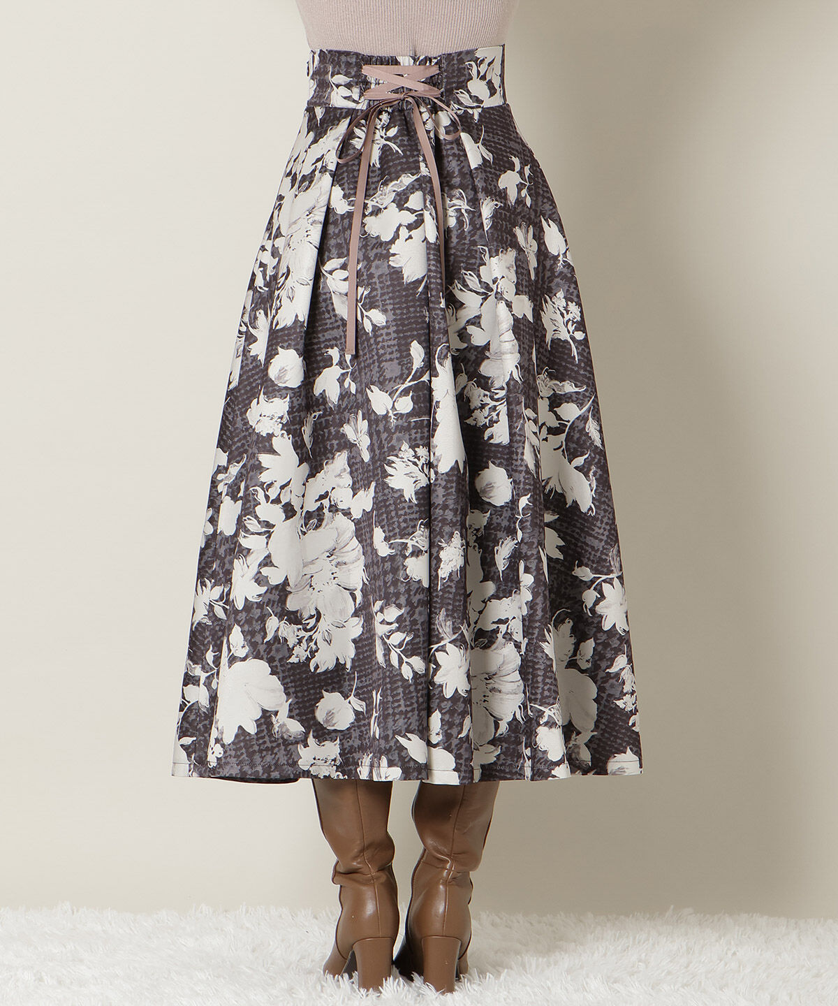 WILLSELECTION「千鳥フラワープリントボリュームタックスカート」|フレア|