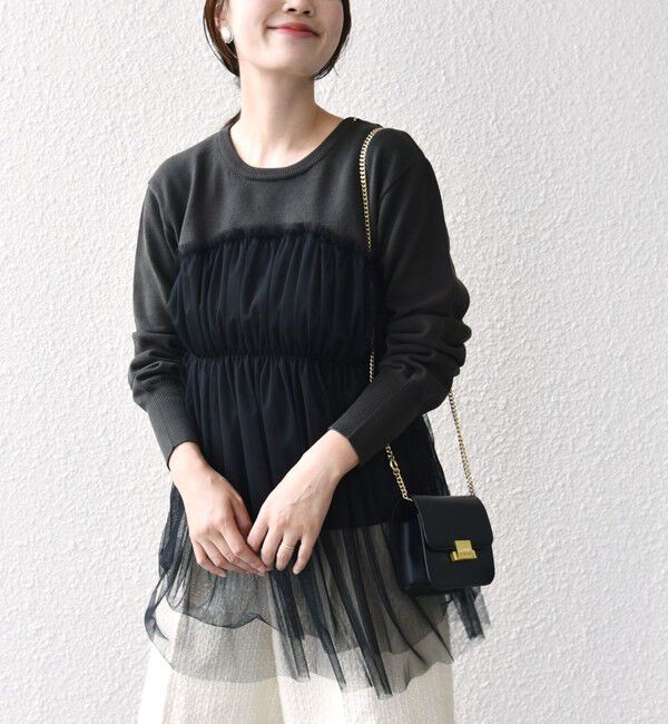 SHIPS for women「* 〈手洗い可能〉チュール ドッキング ニット ◇」|ニット・セーター|チャコールグレー