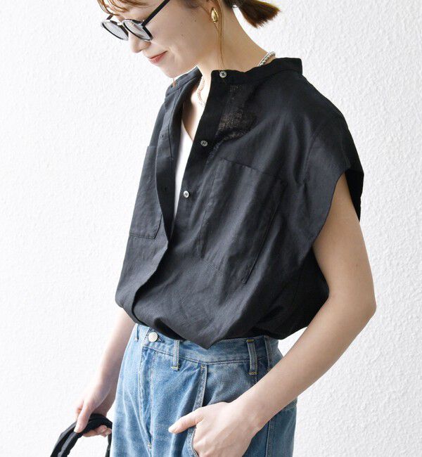 SHIPS any「SHIPS any:〈洗濯機可能〉リネン コットン バンドカラー フレンチスリーブ ポケット シャツ」|シャツ・ブラウス|