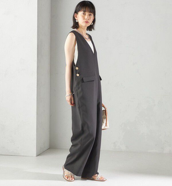 SHIPS for women「〈手洗い可能〉ハイカウント ダブルクロス オールインワン」|オールインワン|ブラック