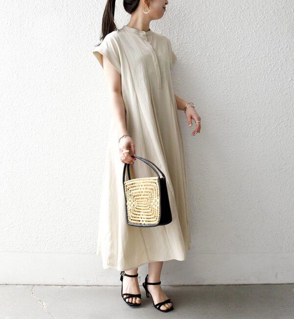 SHIPS any「《予約》SHIPS any:〈洗濯機可能〉ツイル バンドカラー フレンチ シャツ ワンピース」|ワンピース|ベージュ