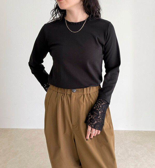 fredy emue「レーススリーブ衿フリルロンTシャツ」|Tシャツ・カットソー|ブラック