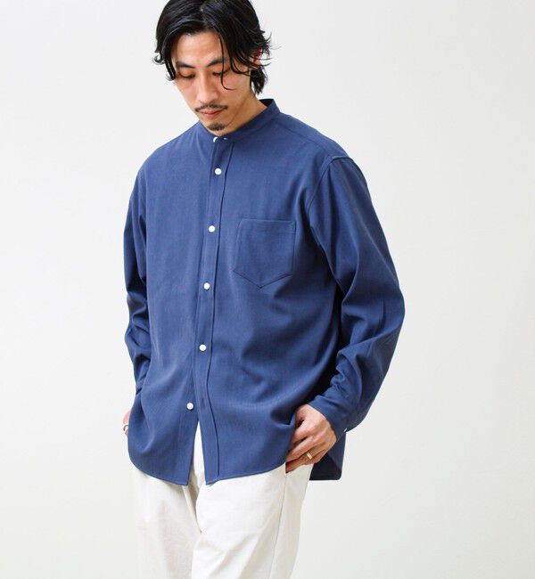 GLOSTER「【きれい見えラク素材】crunchyバンドカラーシャツ」|シャツ・ブラウス|ネイビー