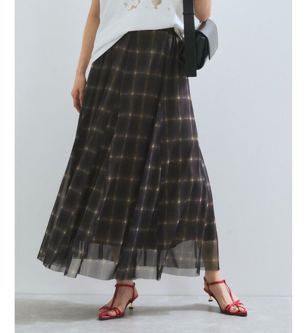 VIS「【洗える】チュールプリントチェックスカート」|スカート|