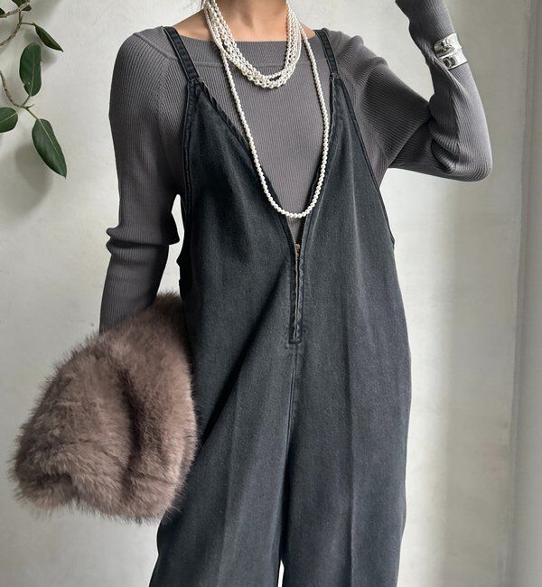  「細紐デニムフロントジップサロペット」|ワンピース|