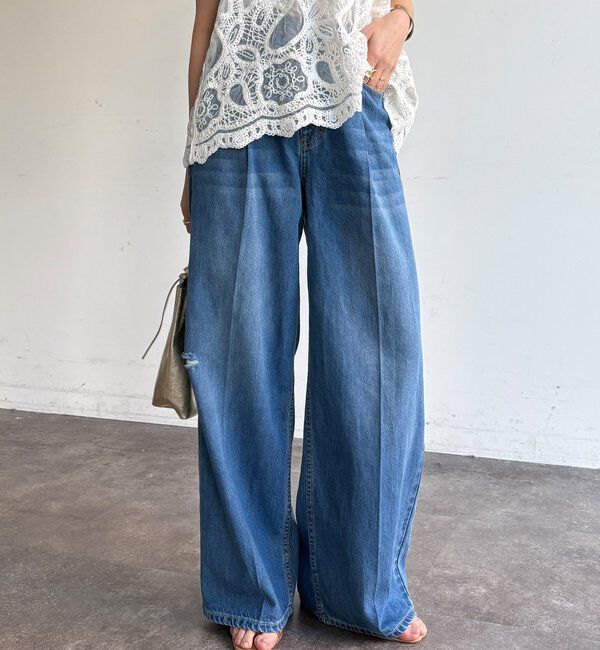  「ダメージワイドデニム」|デニム|ブルー