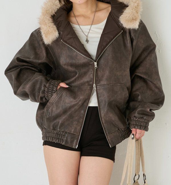  「【2way/ファー取り外し可能】ヴィンテージライクレザーファーフードブルゾン」|ブルゾン・スタジャン|ブラウン