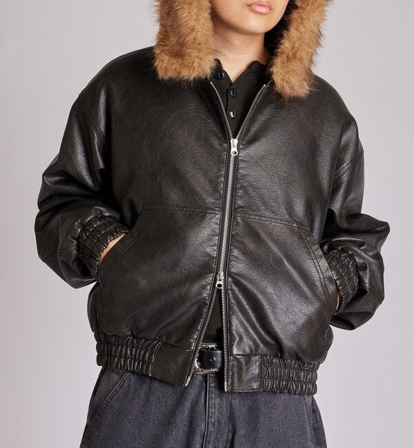  「【2way/ファー取り外し可能】ヴィンテージライクレザーファーフードブルゾン」|ブルゾン・スタジャン|