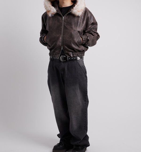  「【2way/ファー取り外し可能】ヴィンテージライクレザーファーフードブルゾン」|ブルゾン・スタジャン|