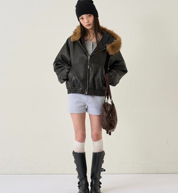  「【2way/ファー取り外し可能】ヴィンテージライクレザーファーフードブルゾン」|ブルゾン・スタジャン|