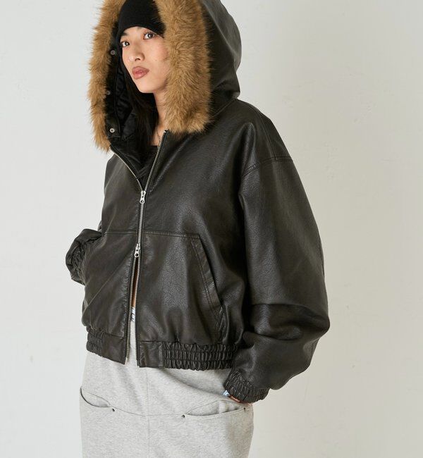  「【2way/ファー取り外し可能】ヴィンテージライクレザーファーフードブルゾン」|ブルゾン・スタジャン|