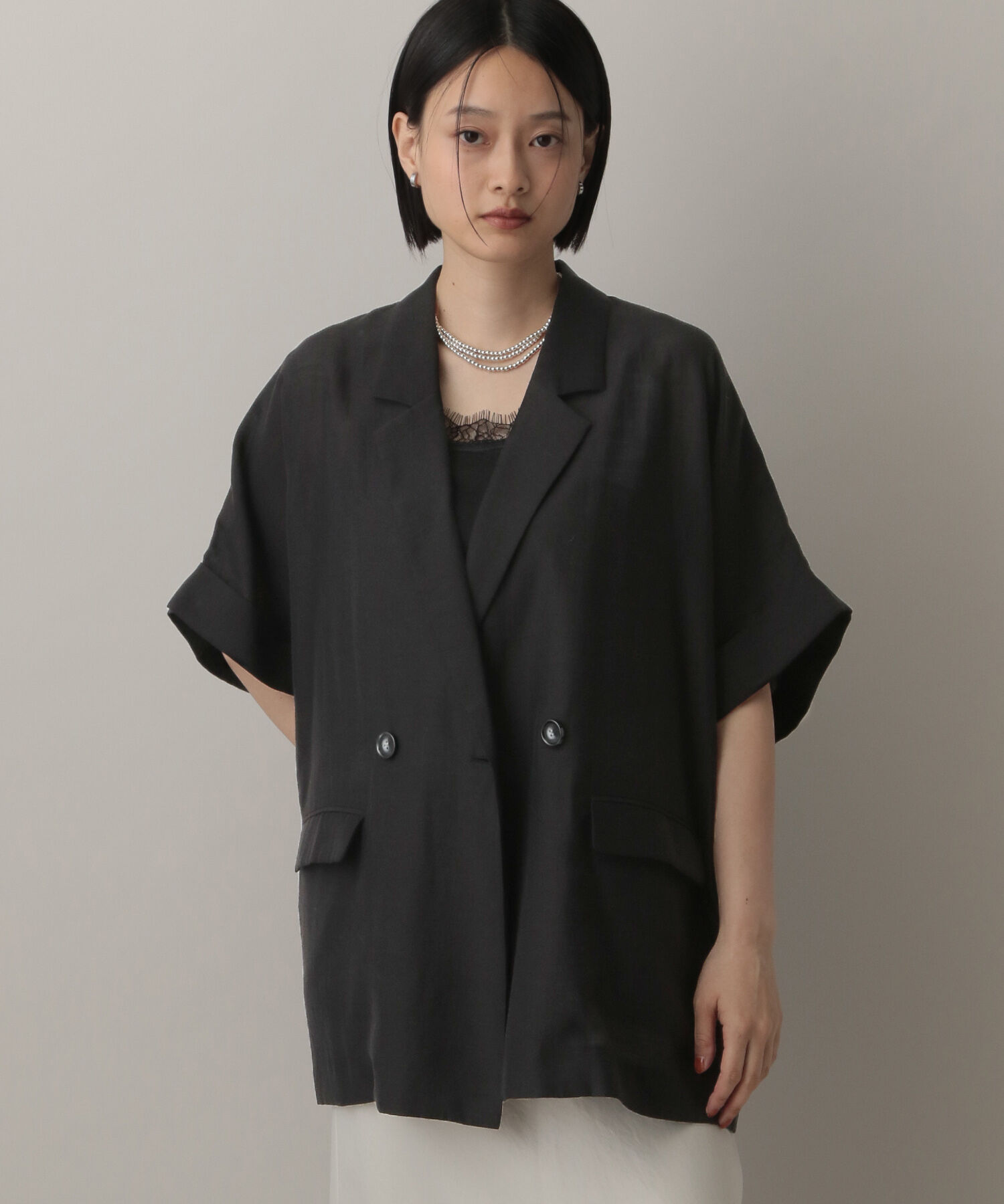A part by 「アセテートリネン半袖ジャケット」|テーラードジャケット|ブラック