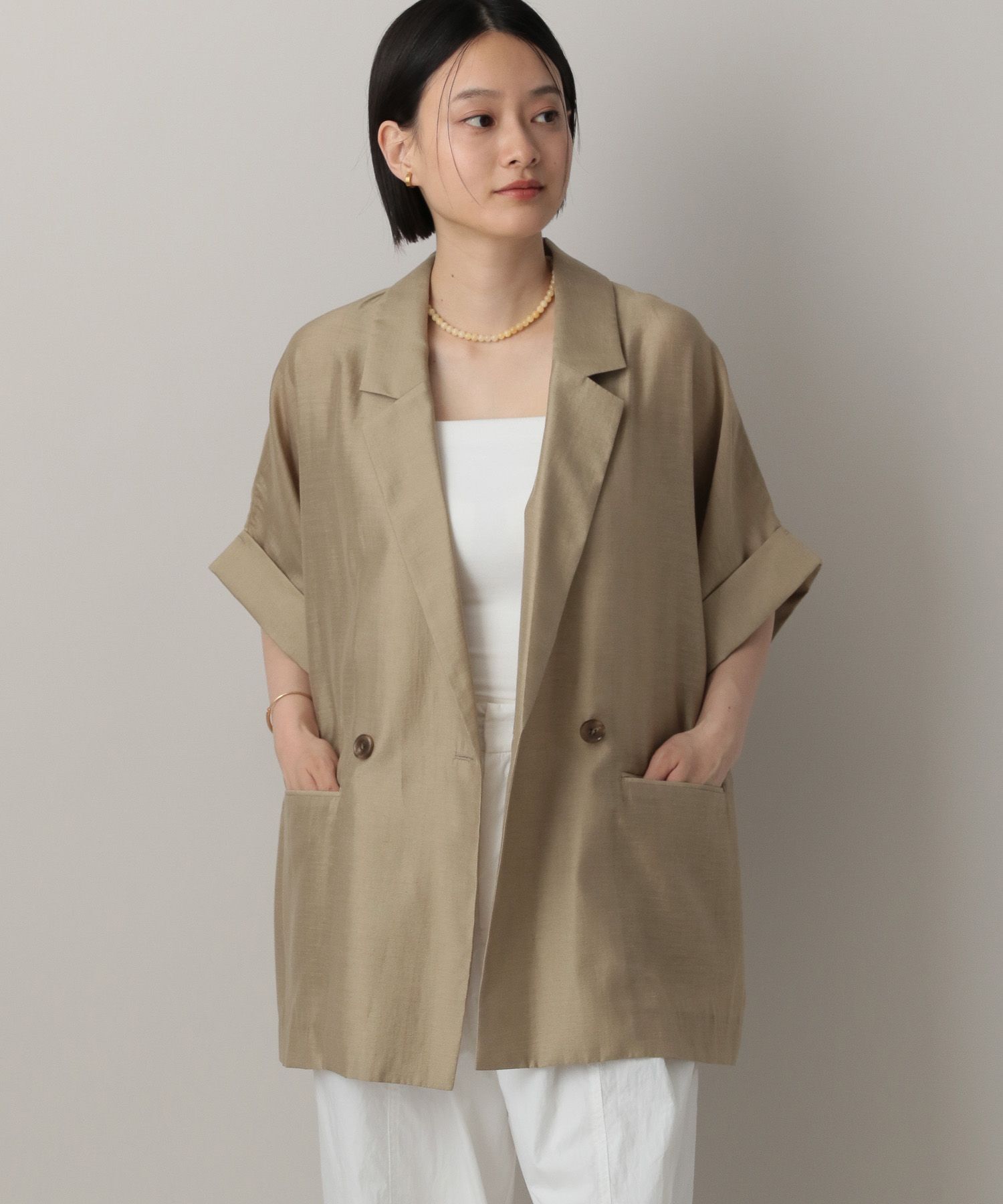 A part by 「アセテートリネン半袖ジャケット」|テーラードジャケット|キャメル