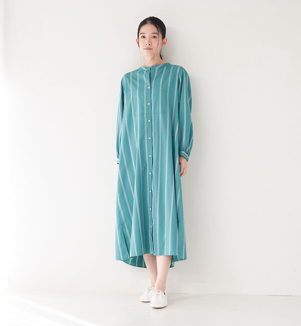 collex「＜手洗い可能＞ストライプフレアシャツワンピース」|ワンピース|グリーン