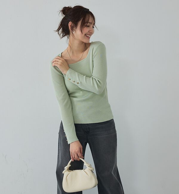abahouse mavie「【袖ボタン】スクエアネックリブニット/きれいめ/セミオケ/通勤/春服」|ニット・セーター|