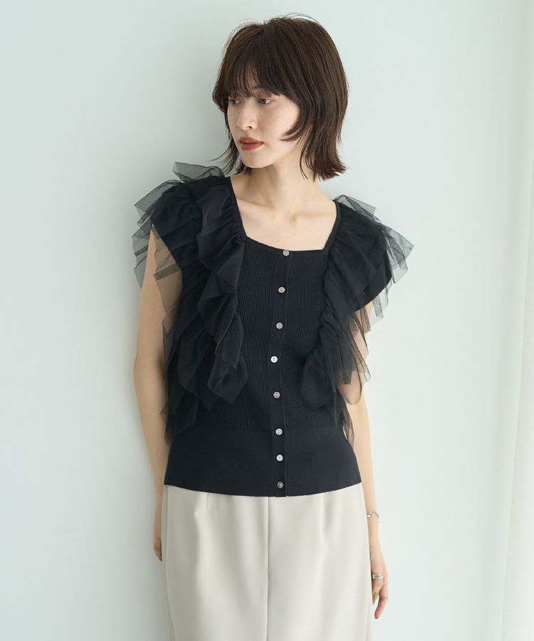 YECCA VECCA「チュールラッフルノースリーブカーディガン」|カーディガン|Black