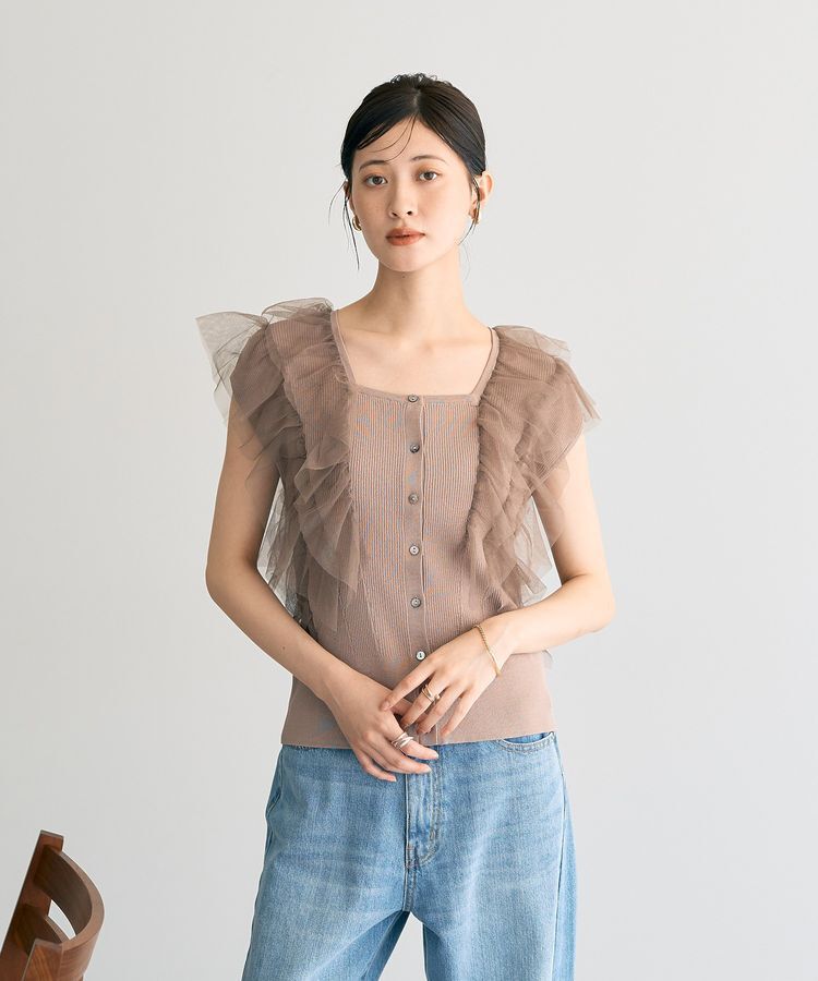 YECCA VECCA「チュールラッフルノースリーブカーディガン」|カーディガン|