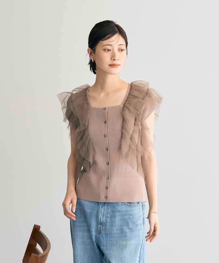 YECCA VECCA「チュールラッフルノースリーブカーディガン」|カーディガン|